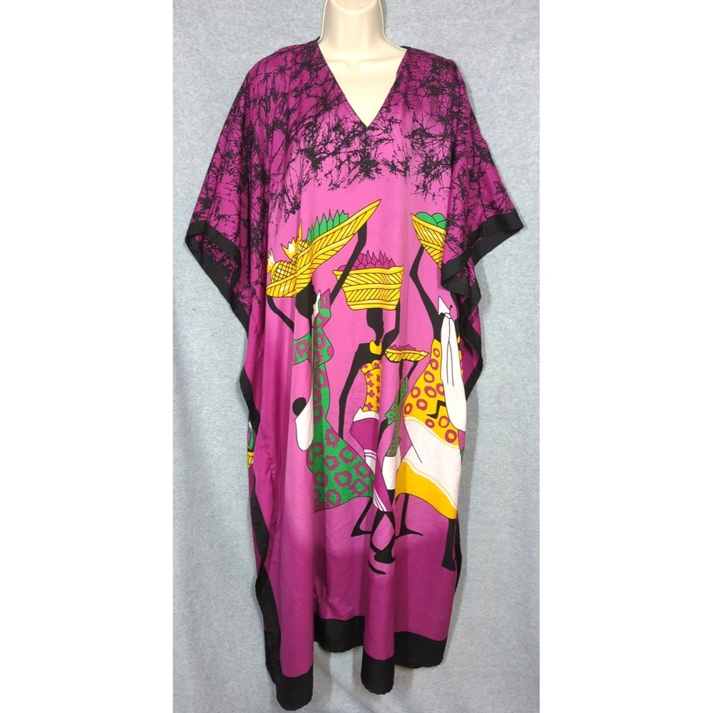 Gypsy Blue Maxi Kaftan Mumu Dress OS Figural Vibrant Colors  Casual Statement